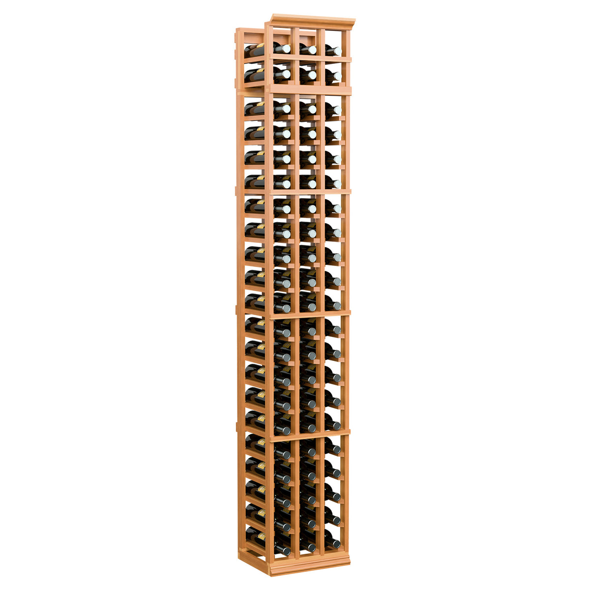 3-column 7-ft wine rack in light orange wood, holding bottles in three rows