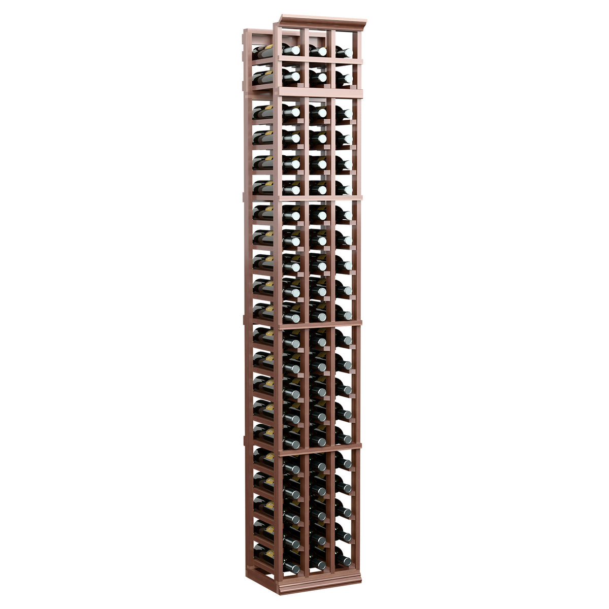 3-column 7-ft wine rack in dark brown wood, holding bottles in three rows