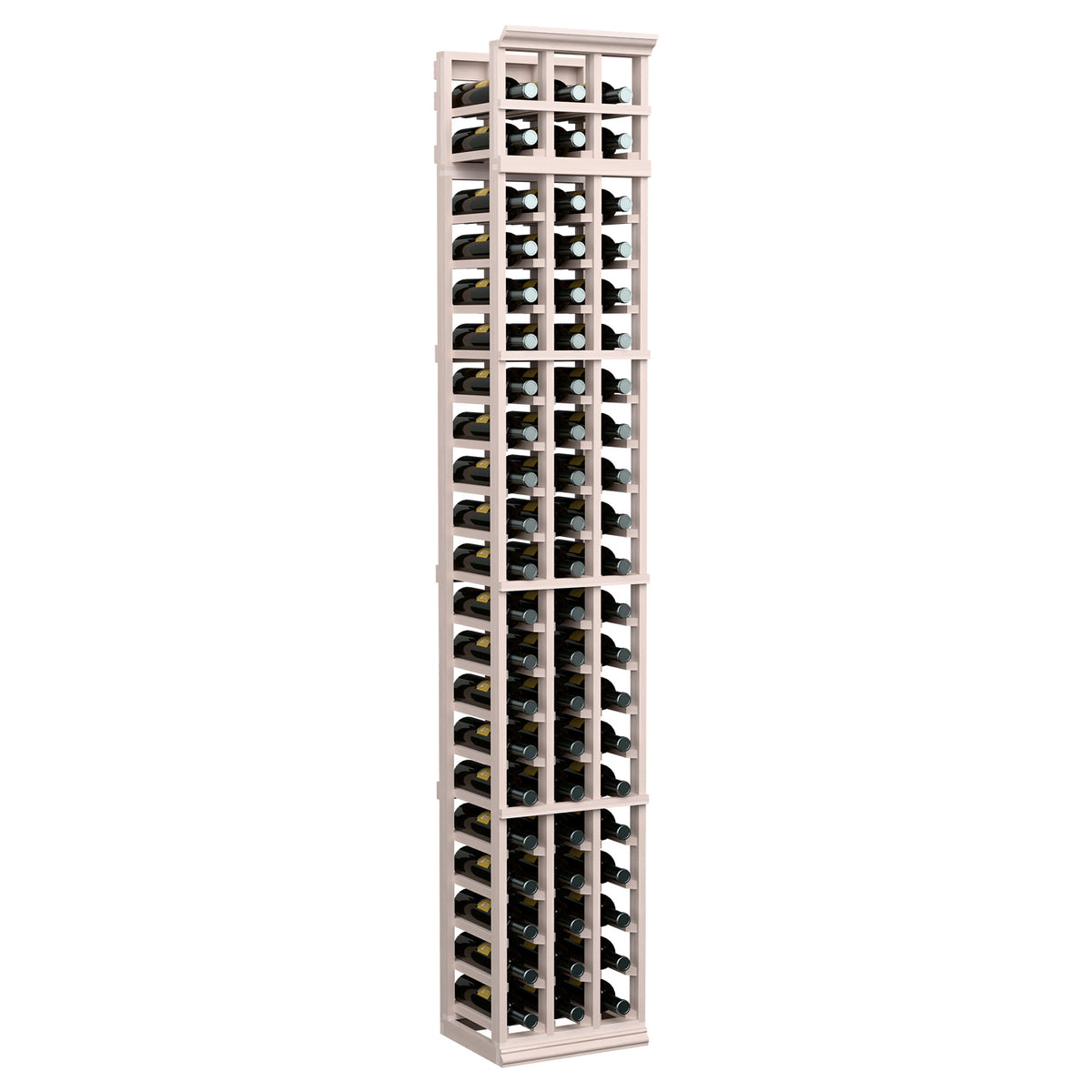 3-column wine bottle rack, 7 ft, light wood frame with open square bottle compartments