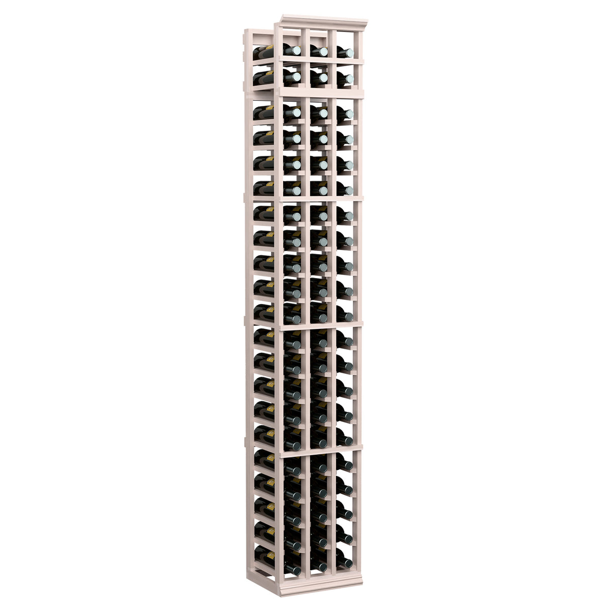 3-column wine bottle rack, 7 ft, white wood frame with vertical dividers for bottles