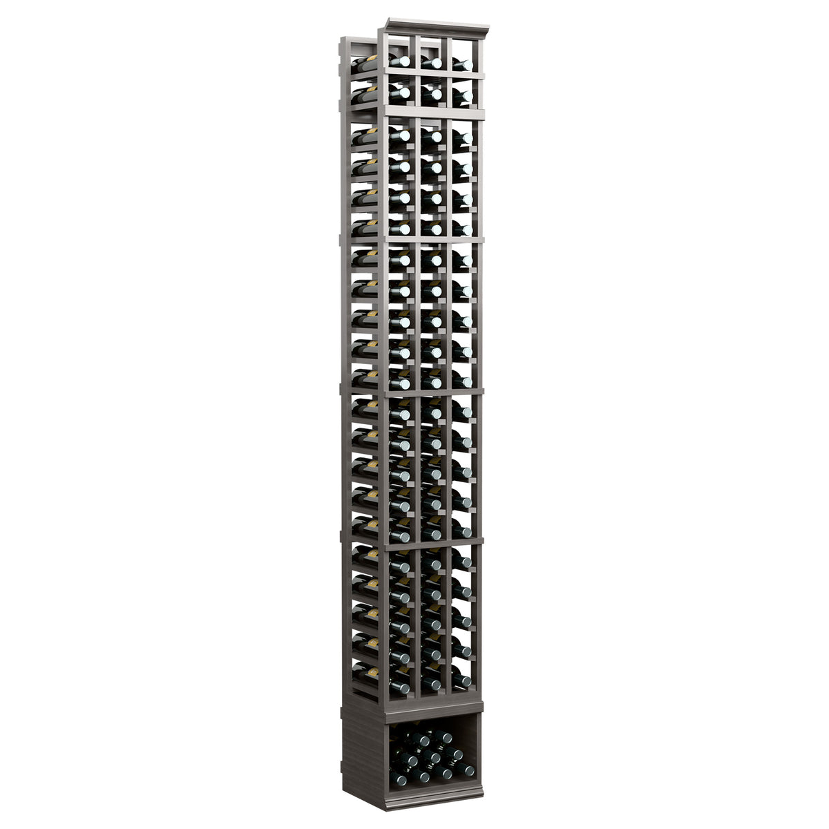 3-column 8 ft wine bottle rack with dark frame and rows of bottles behind glass