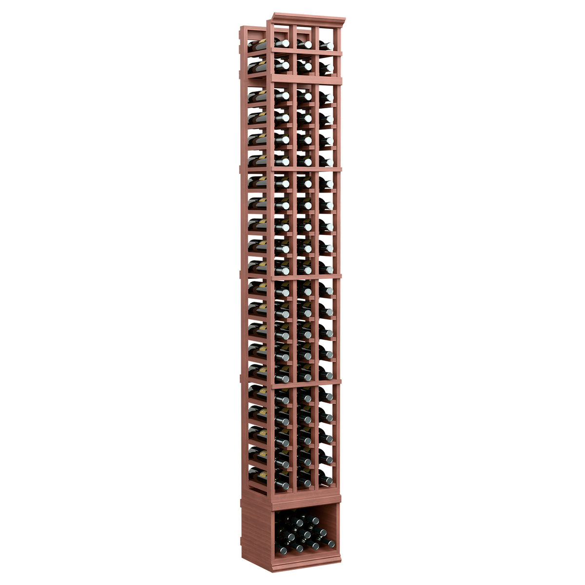 3-column 8 ft wine bottle rack with reddish wood frame and bottle display windows
