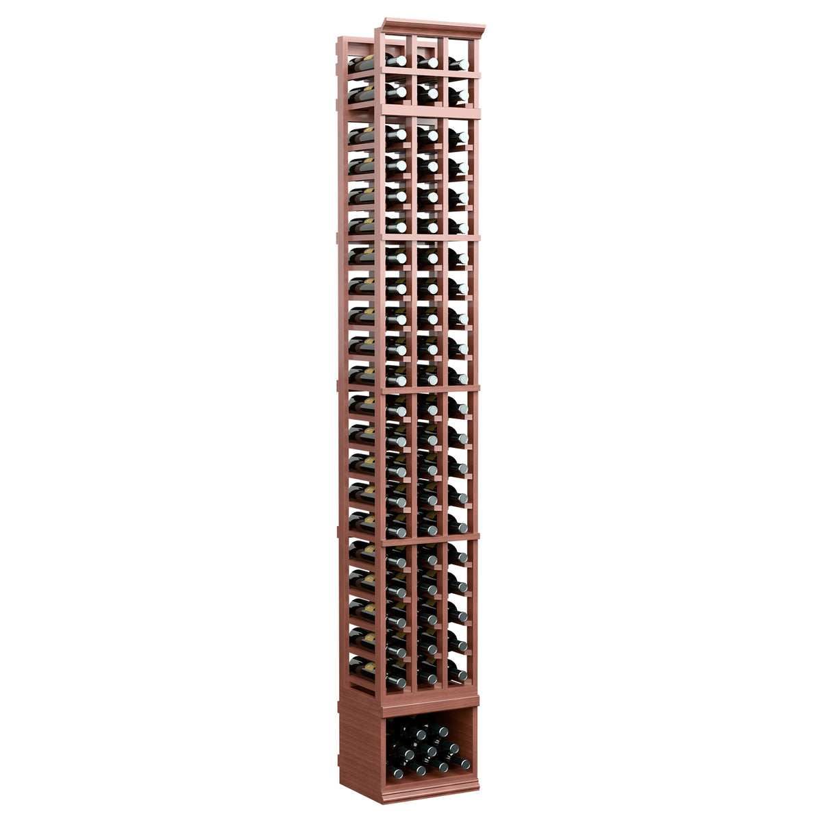 3-column 8 ft wine bottle rack with warm brown frame and stacked bottle display