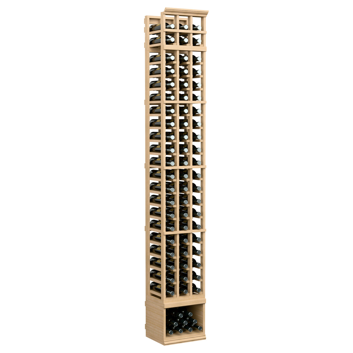 3-column 8 ft wine bottle rack with light wood frame and bottle display windows