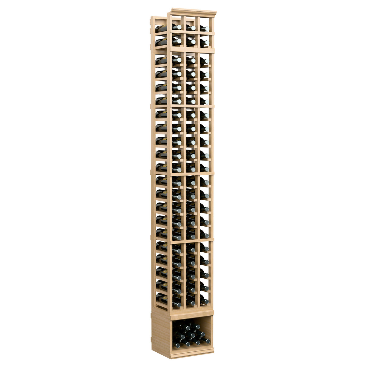 3-column 8 ft wine bottle rack with pale wood frame and rows of wine bottles