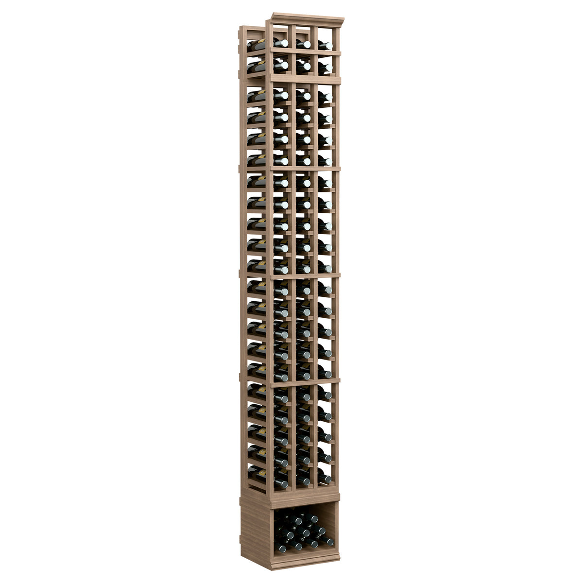 3-column 8 ft wine bottle rack with medium brown frame and bottle storage openings