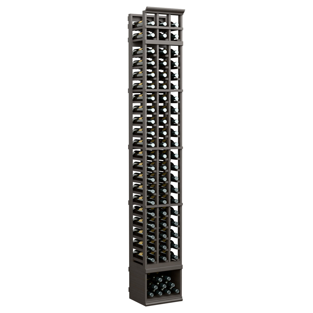 3-column 8 ft wine bottle rack with dark gray frame and bottle display rows