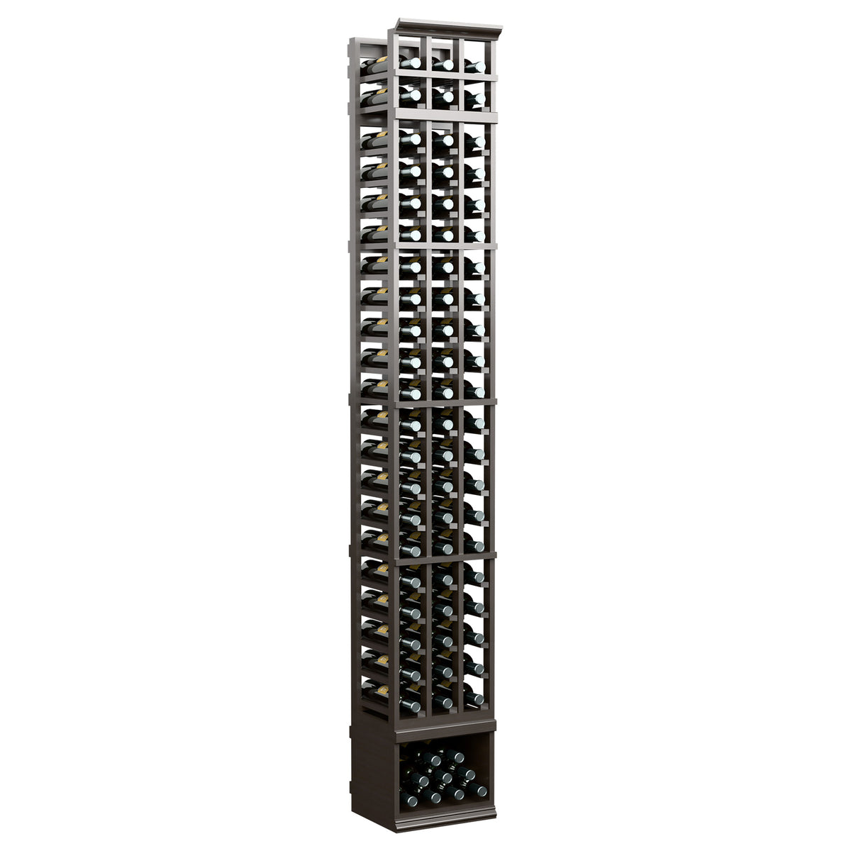 3-column 8 ft wine bottle rack with dark gray frame and front glass bottle sections