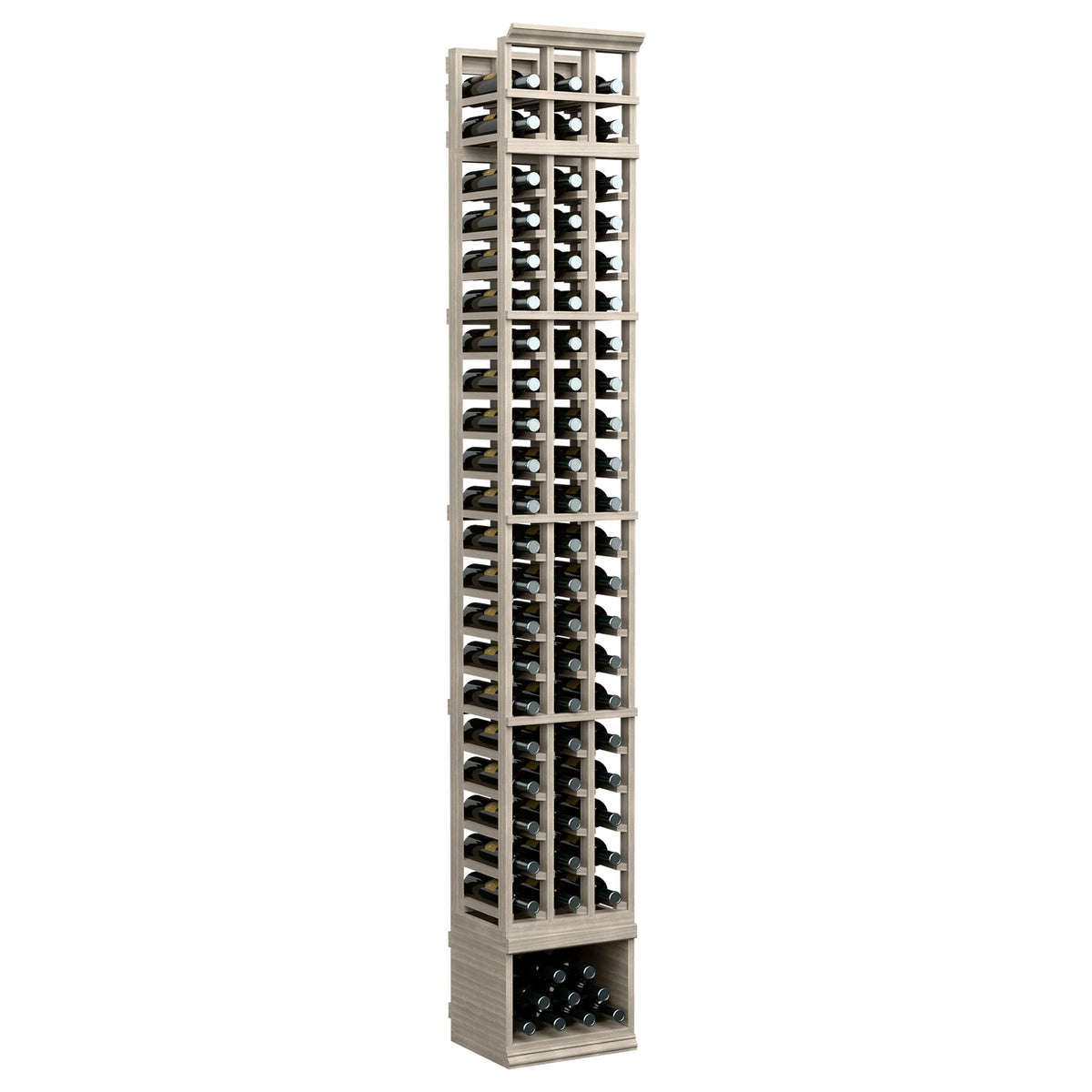 Light wood 3-column wine bottle storage rack with front windows and bottle slots