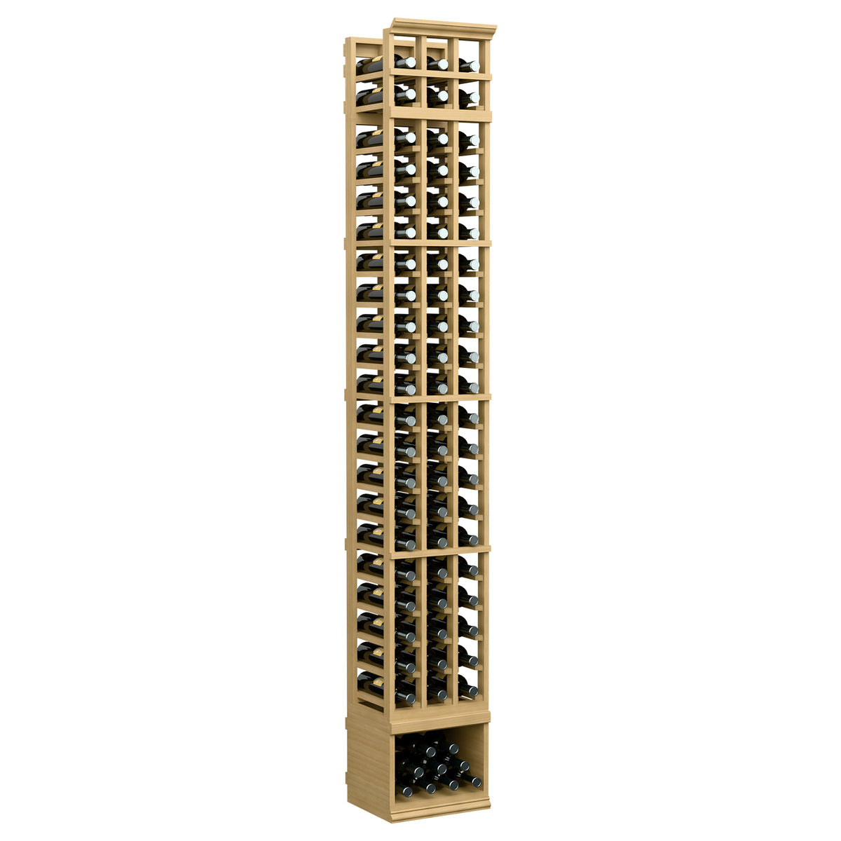 Honey wood 3-column wine bottle storage rack with front window and bottle compartments