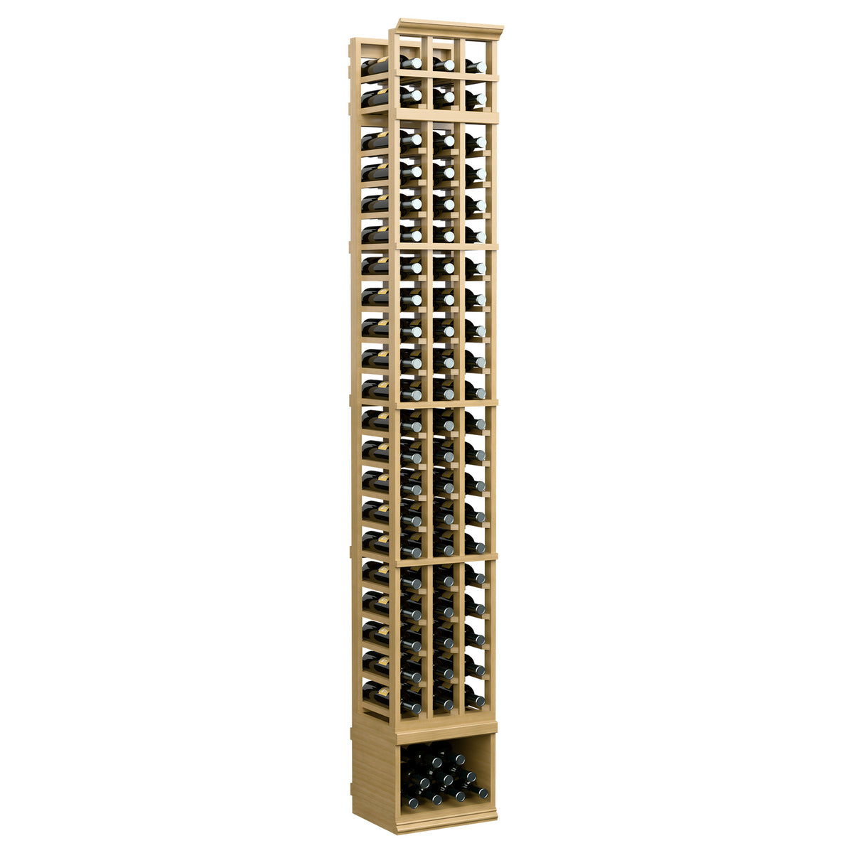 Light tan 3-column wine bottle storage rack with front windows and numbered slots