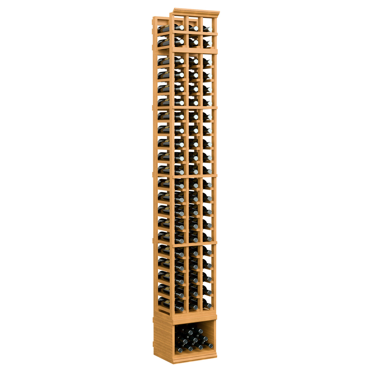 Light golden wood 3-column wine bottle storage rack with front windows and bottle slots