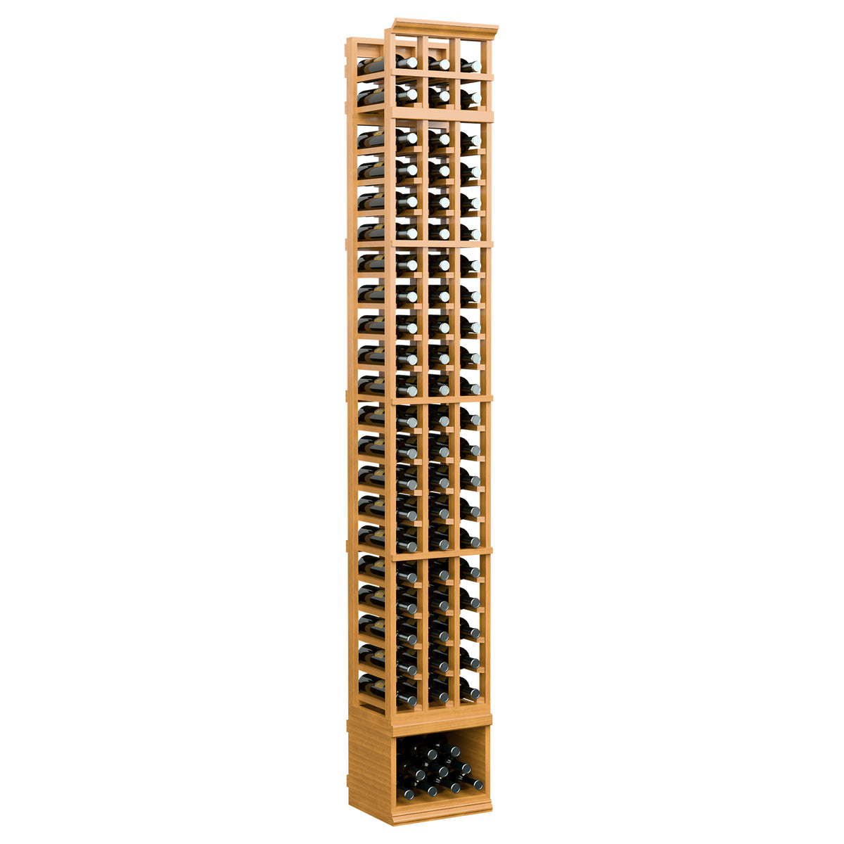 Natural wood 3-column wine bottle storage rack with front windows and bottle compartments