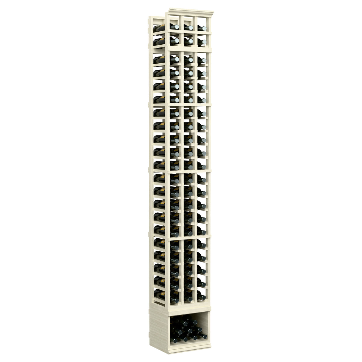 Cream white 3-column wine bottle storage rack with front windows and bottle rows