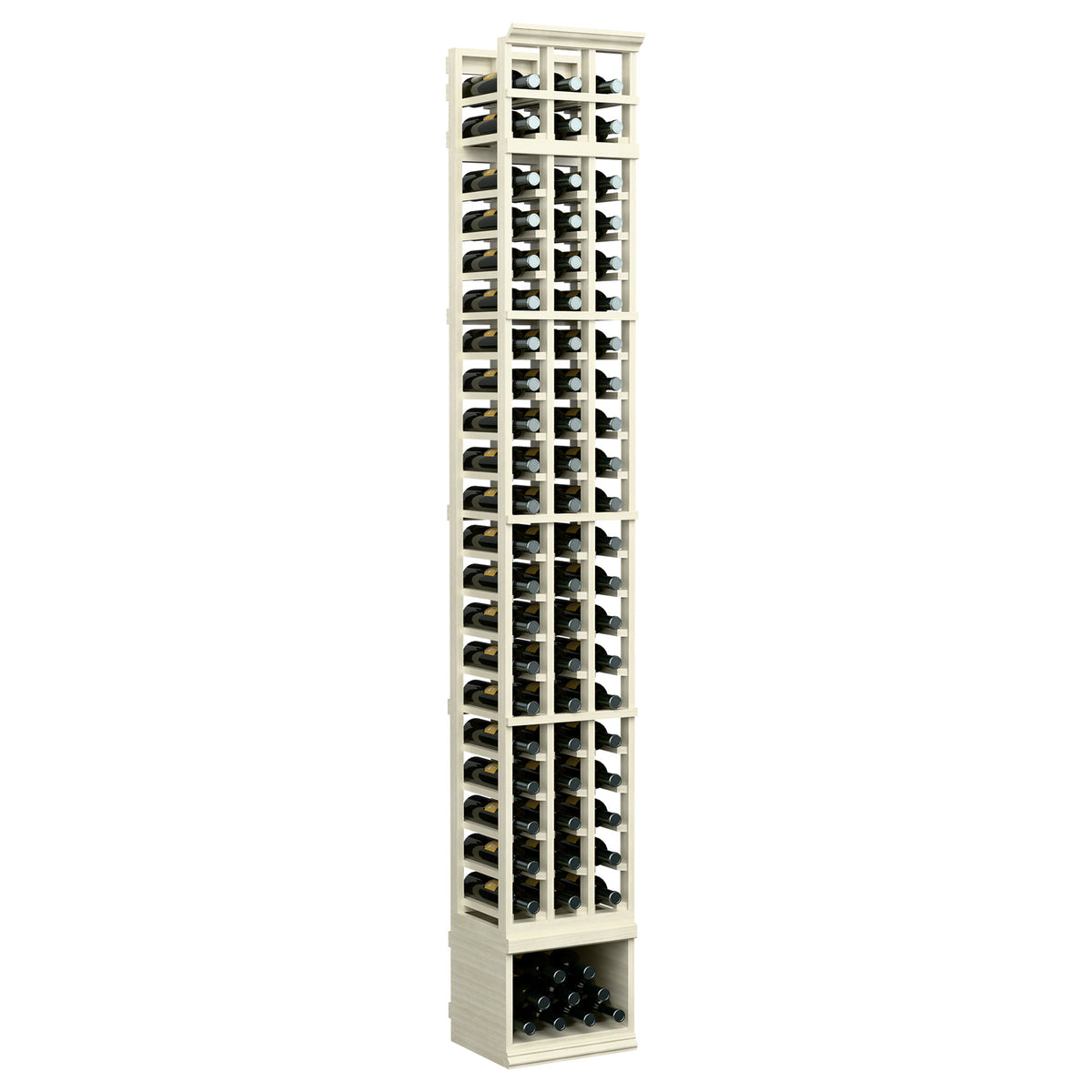 Off-white 3-column wine bottle storage rack with front windows and neatly arranged bottle slots