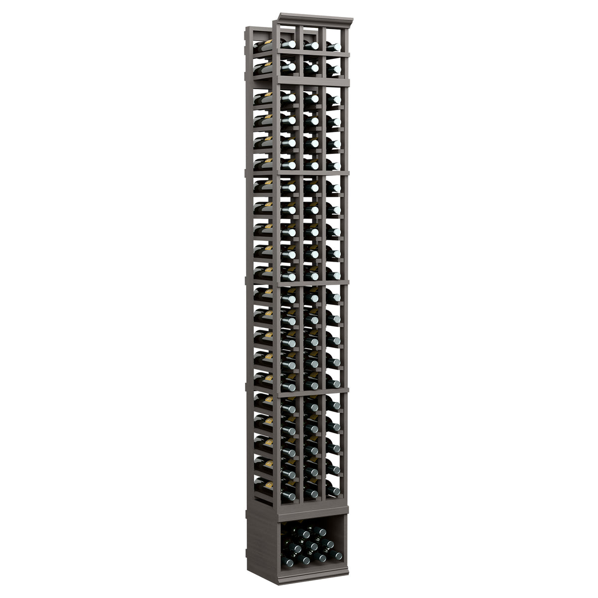 3-column wine bottle rack, tall 8ft design with gray metal frame and front base