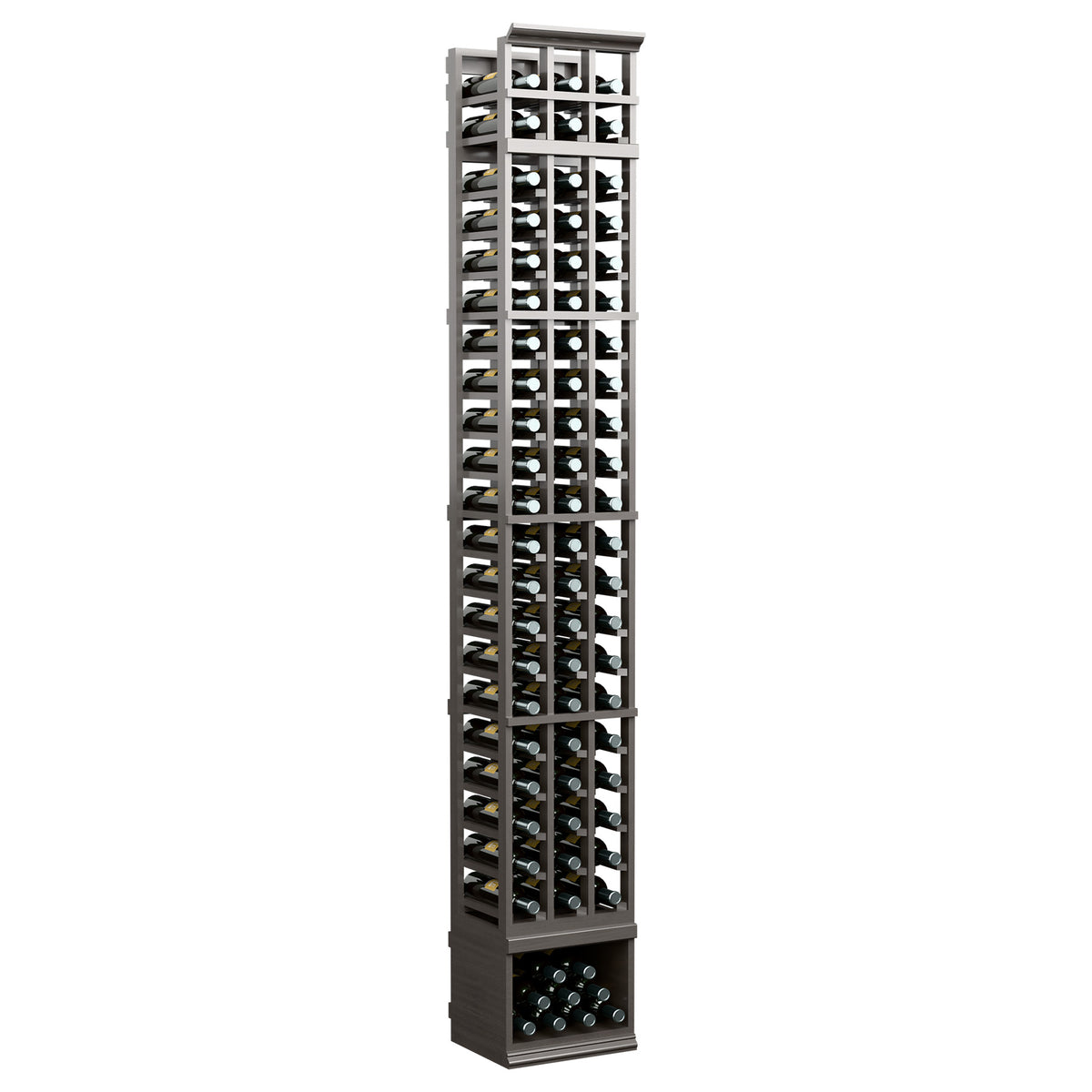 3-column wine bottle rack, 8ft tall with dark gray grid shelves and bottle slots