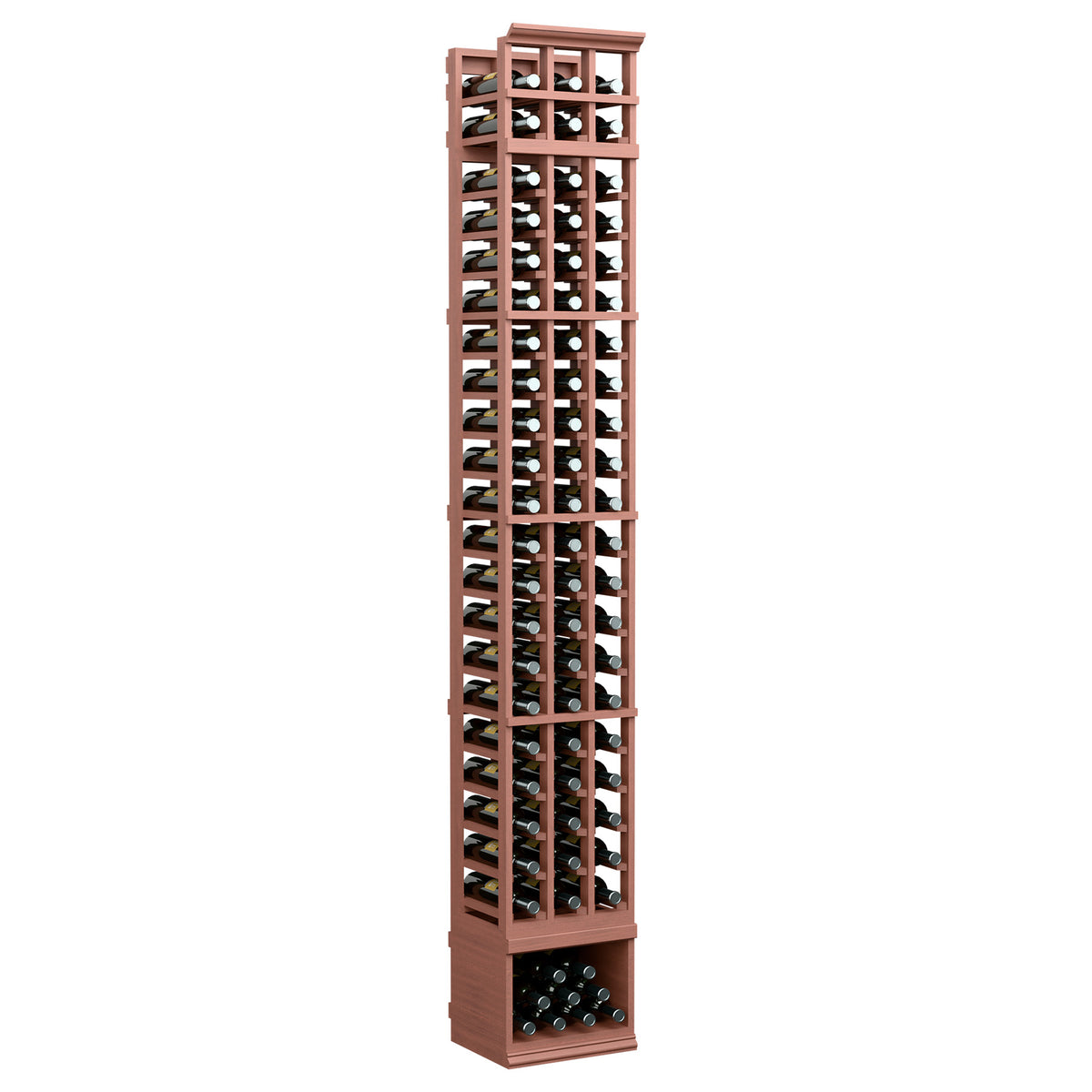 3-column wine bottle rack, 8ft tall with reddish-brown wooden frame and bottle grid