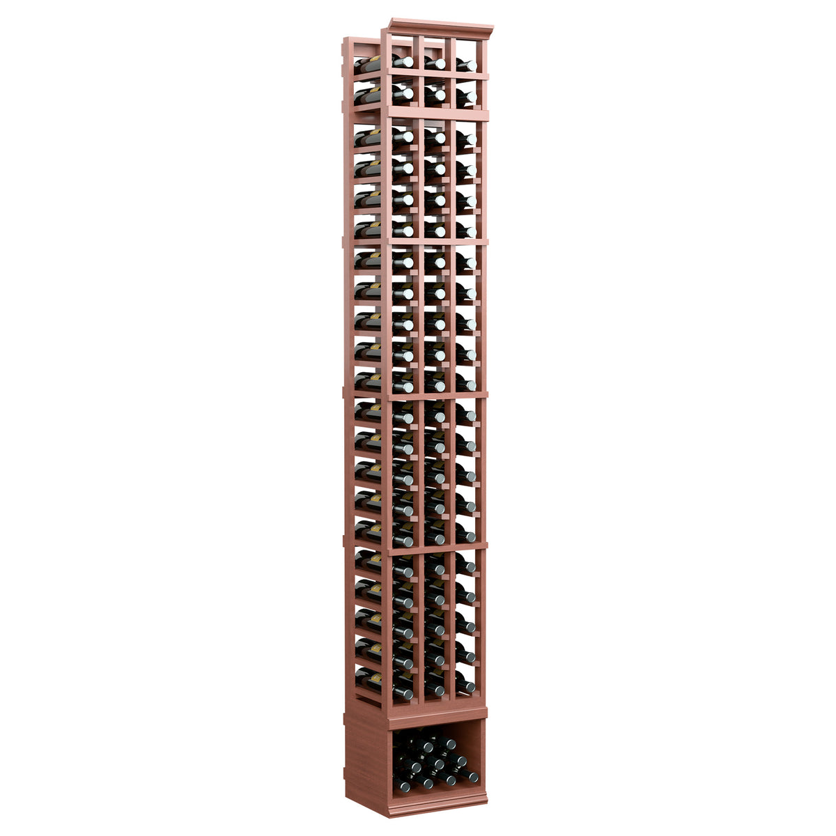 3-column wine bottle rack, 8ft tall with warm brown wood frame and front bottle section