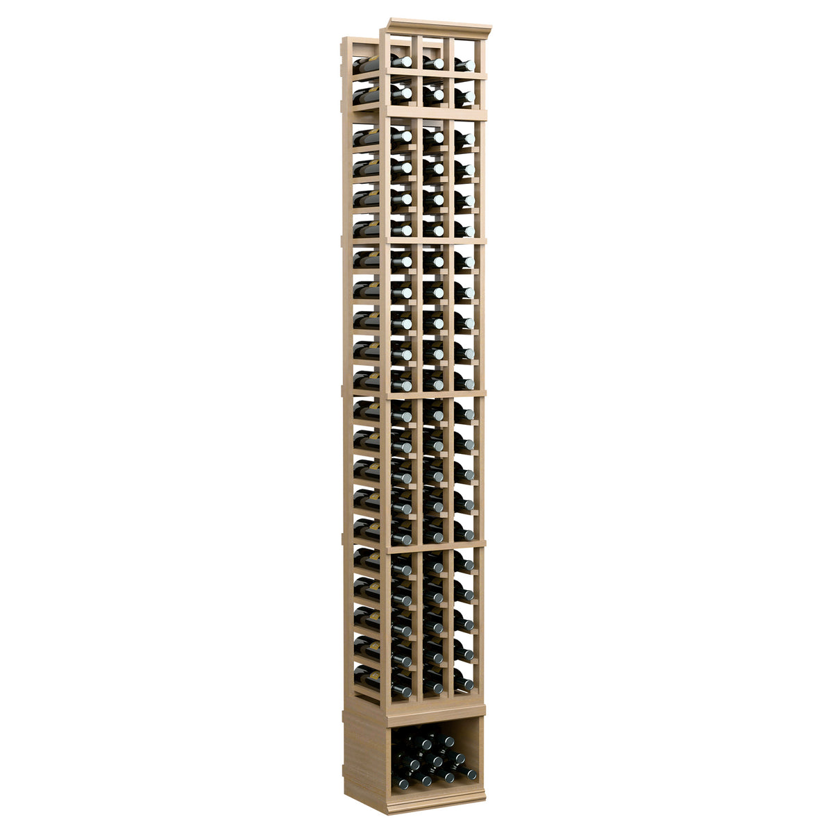 3-column wine bottle rack, 8ft tall with light wood frame and bottom wine-bottle row