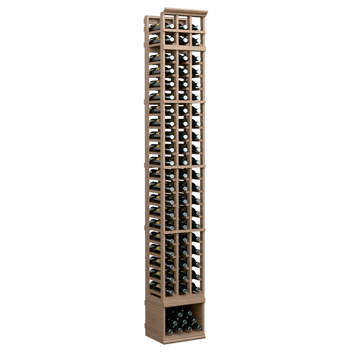 3-column wine bottle rack, 8ft tall with medium brown wood frame and bottle grid