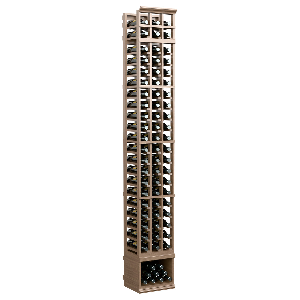 3-column wine bottle rack, 8ft tall with light brown wood frame and three vertical grids