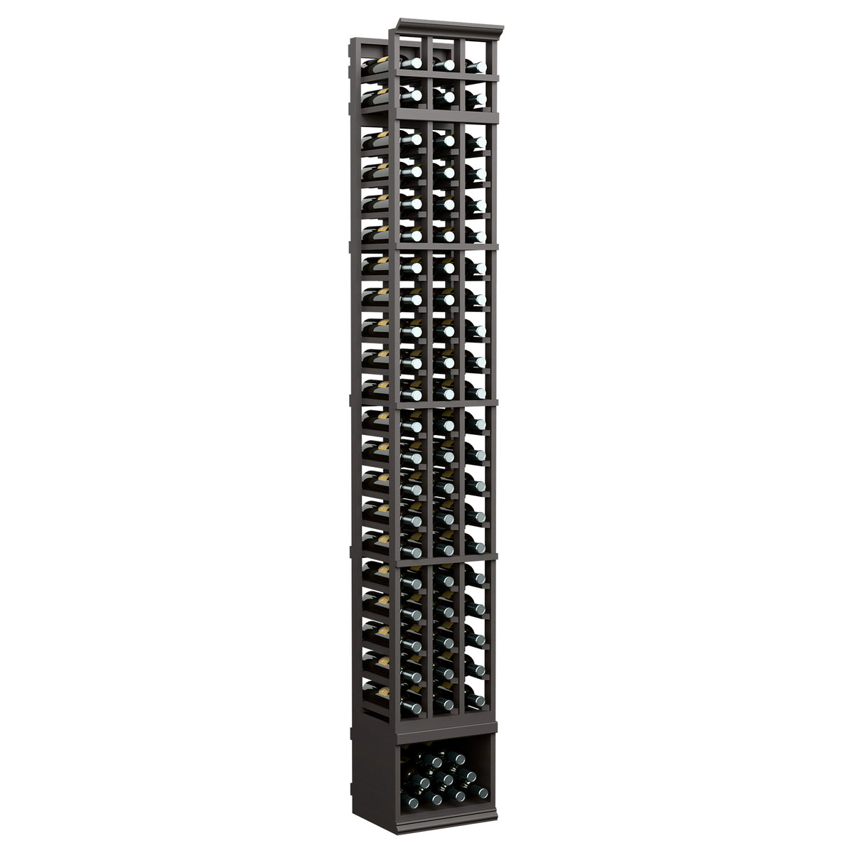 3-column wine bottle rack, 8ft tall with dark gray metal frame and bottle display grid