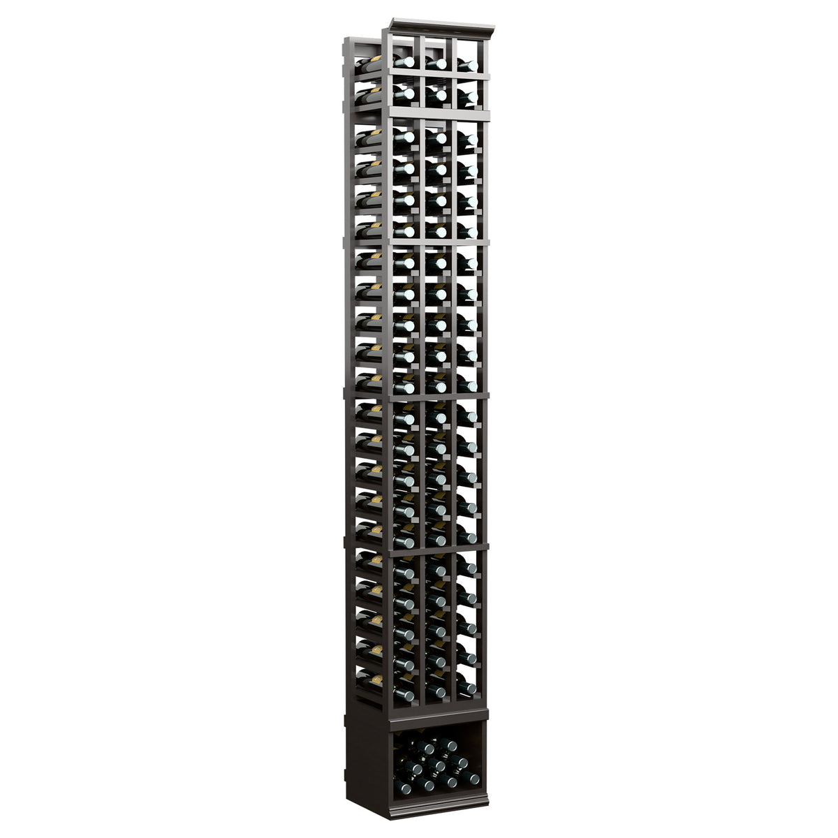 3-column wine bottle rack, 8ft tall with gray metal frame and top bottle slots