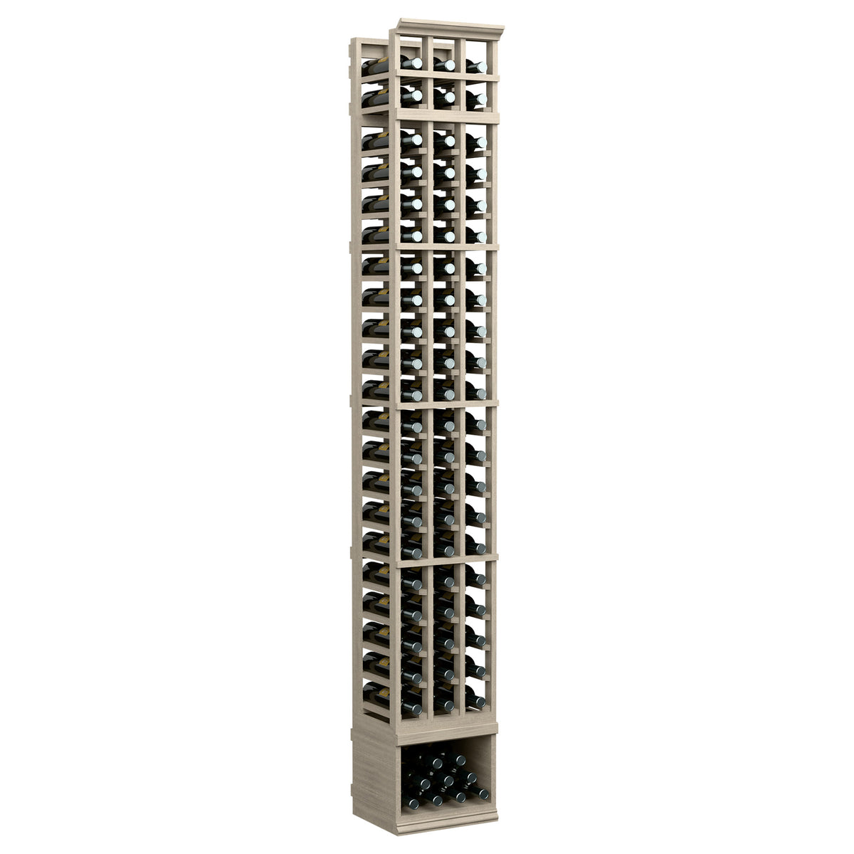 White-finished 3-column 8-ft wine bottle rack with front bottle holders and base bin
