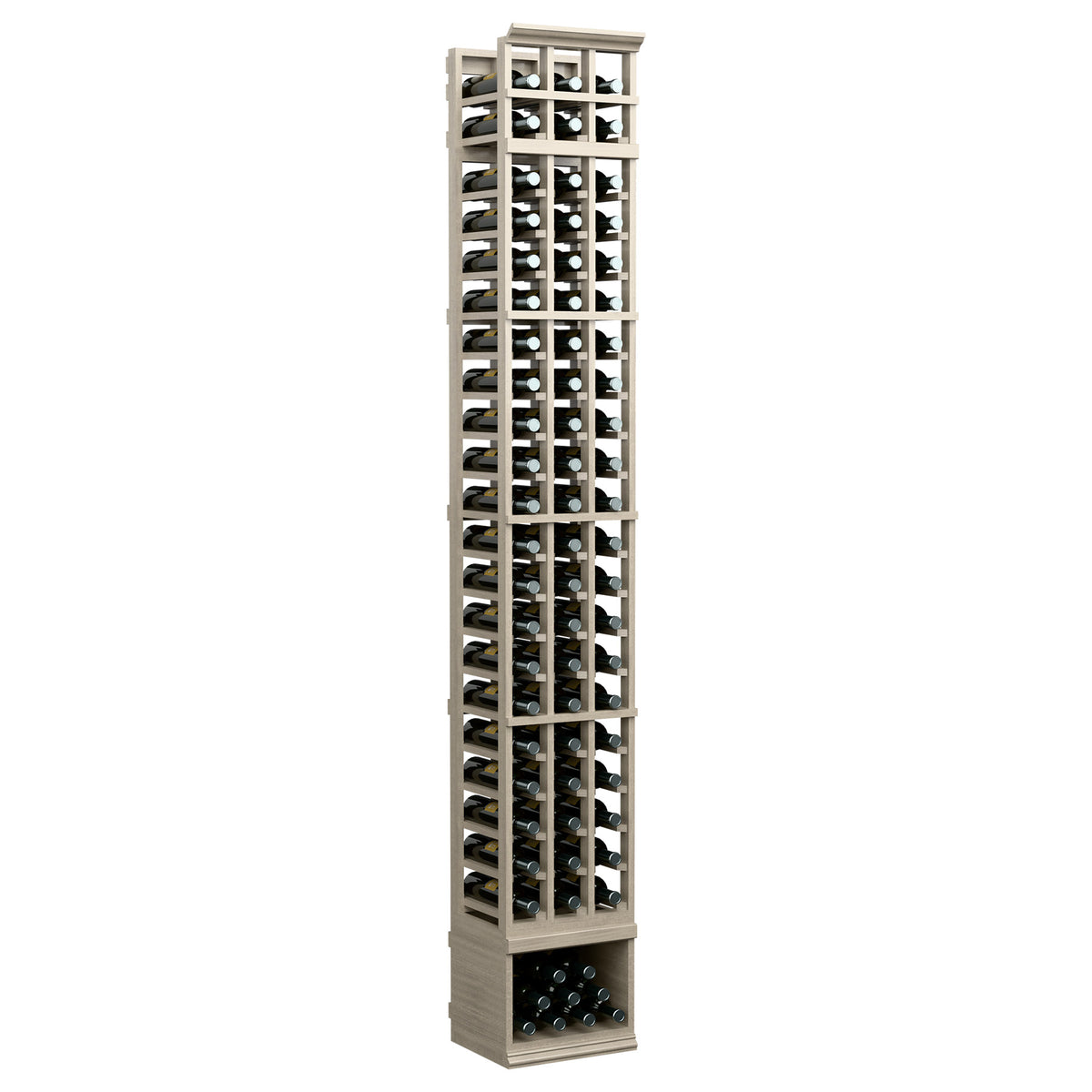 White-finished 3-column 8-ft wine bottle rack, front view with bottle grid and cabinet