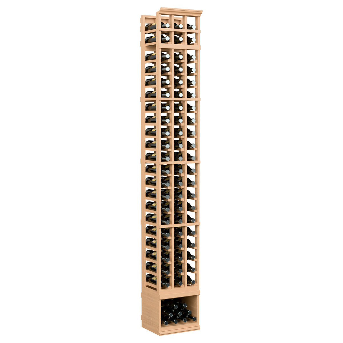 Light wood 3-column 8-ft wine bottle rack with front bottle holders and lower storage
