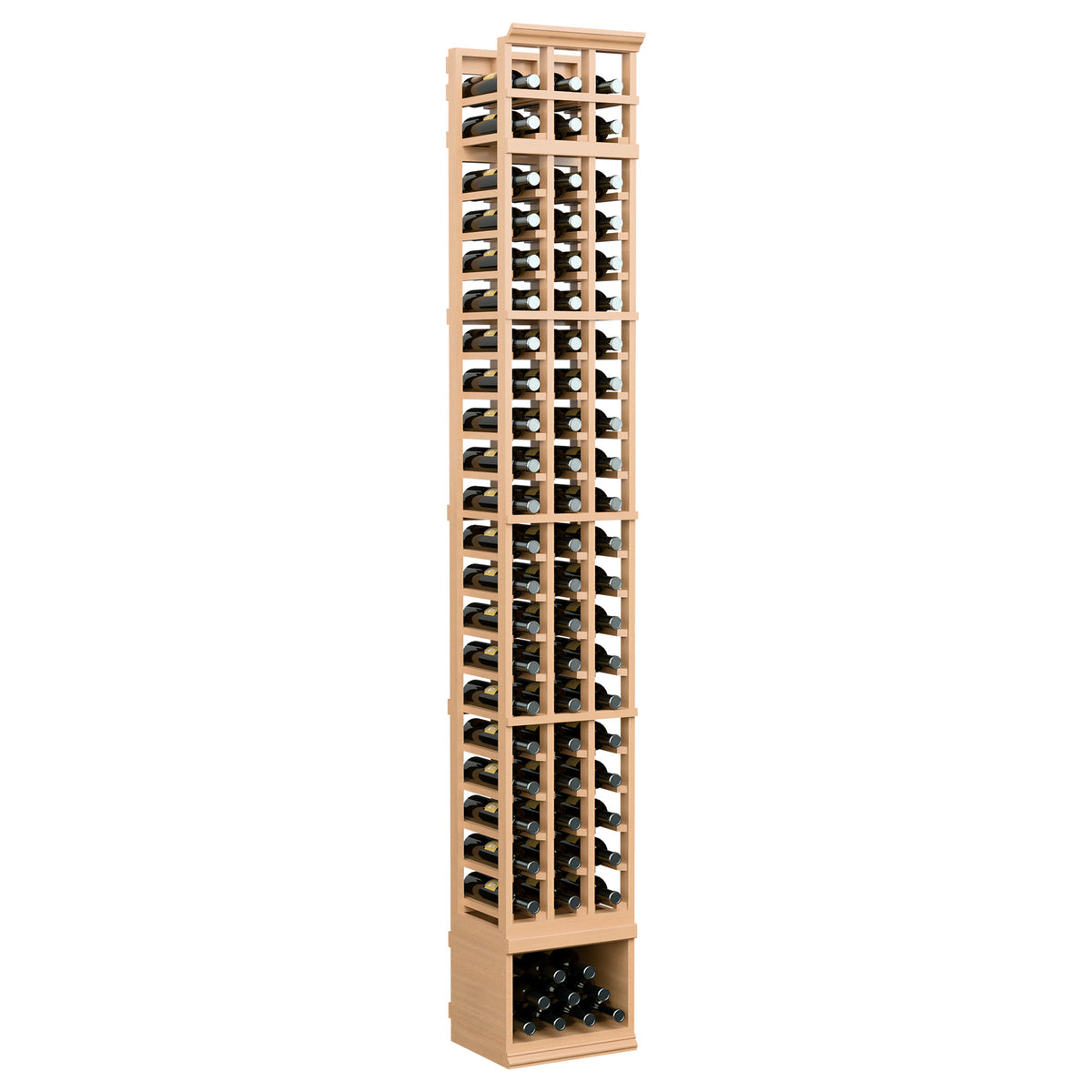 Light wood 3-column 8-ft wine bottle rack, front display with bottle grid and base bin