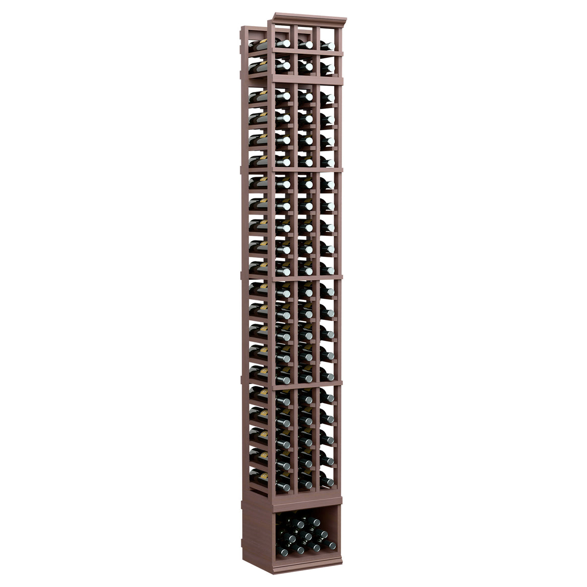 Dark-stained 3-column 8-ft wine bottle rack with front bottle holders and lower bin