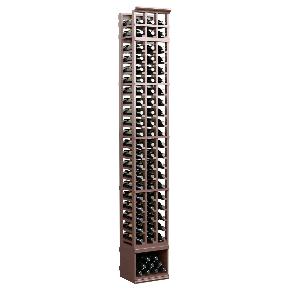 Dark-stained 3-column 8-ft wine bottle rack, front view with bottle grid and cabinet