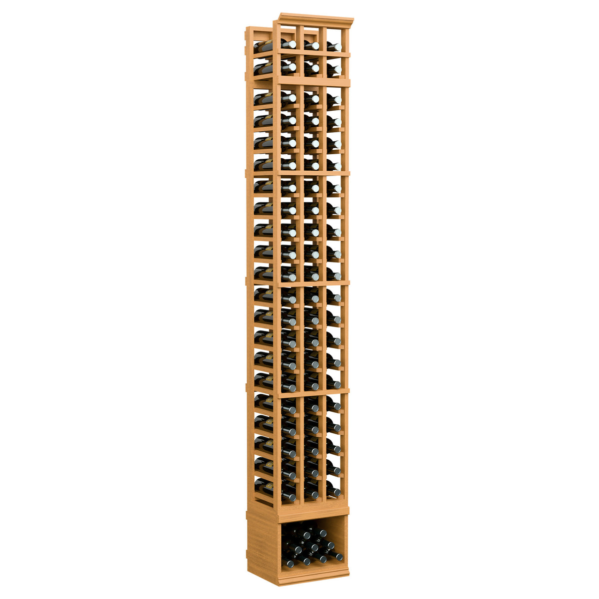 Natural wood 3-column 8-ft wine bottle rack with front bottle holders and base storage