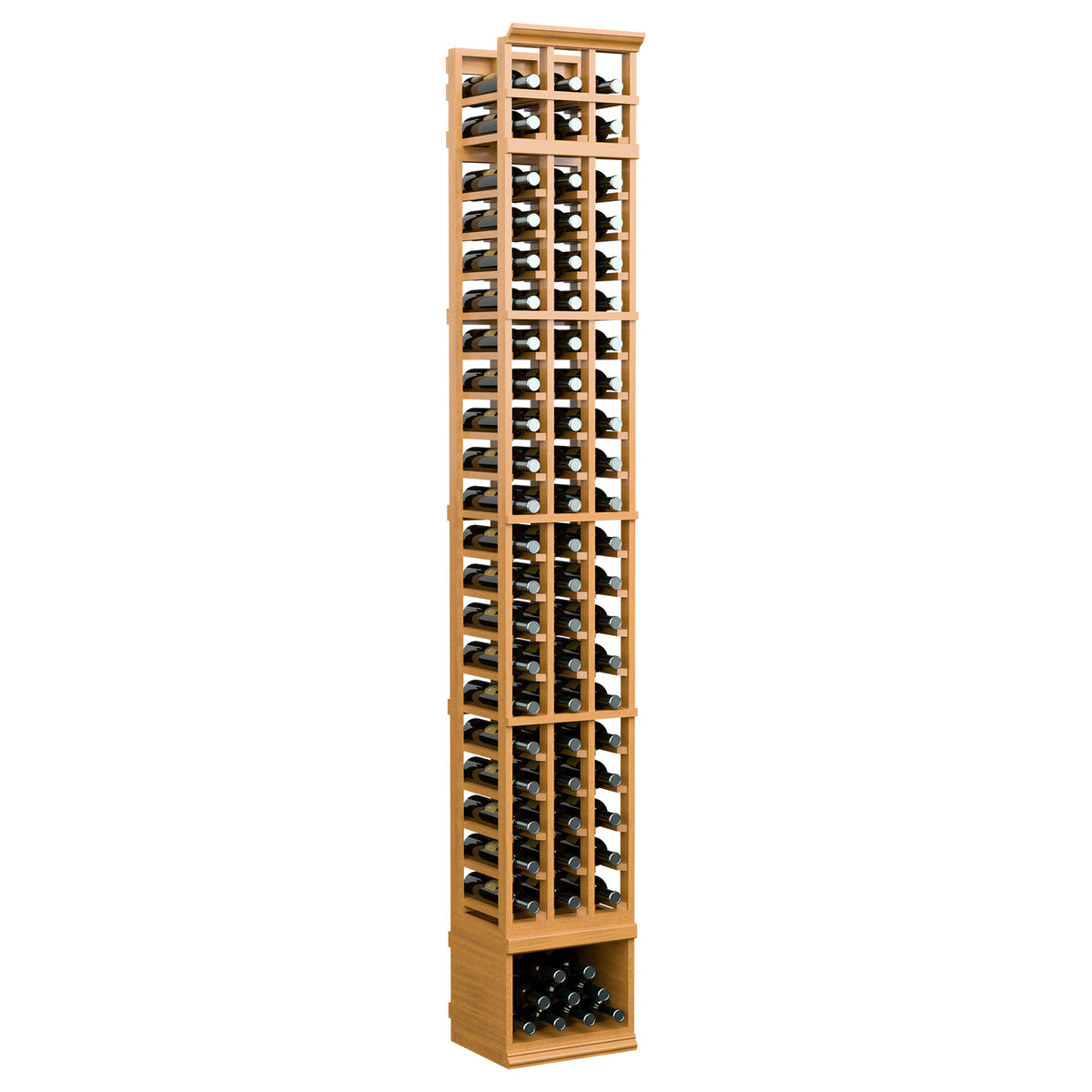 Natural wood 3-column 8-ft wine bottle rack, front bottle grid with lower storage bin