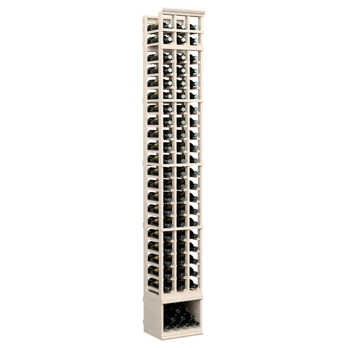 White-finished 3-column 8-ft wine bottle rack with front bottle grid and base bin