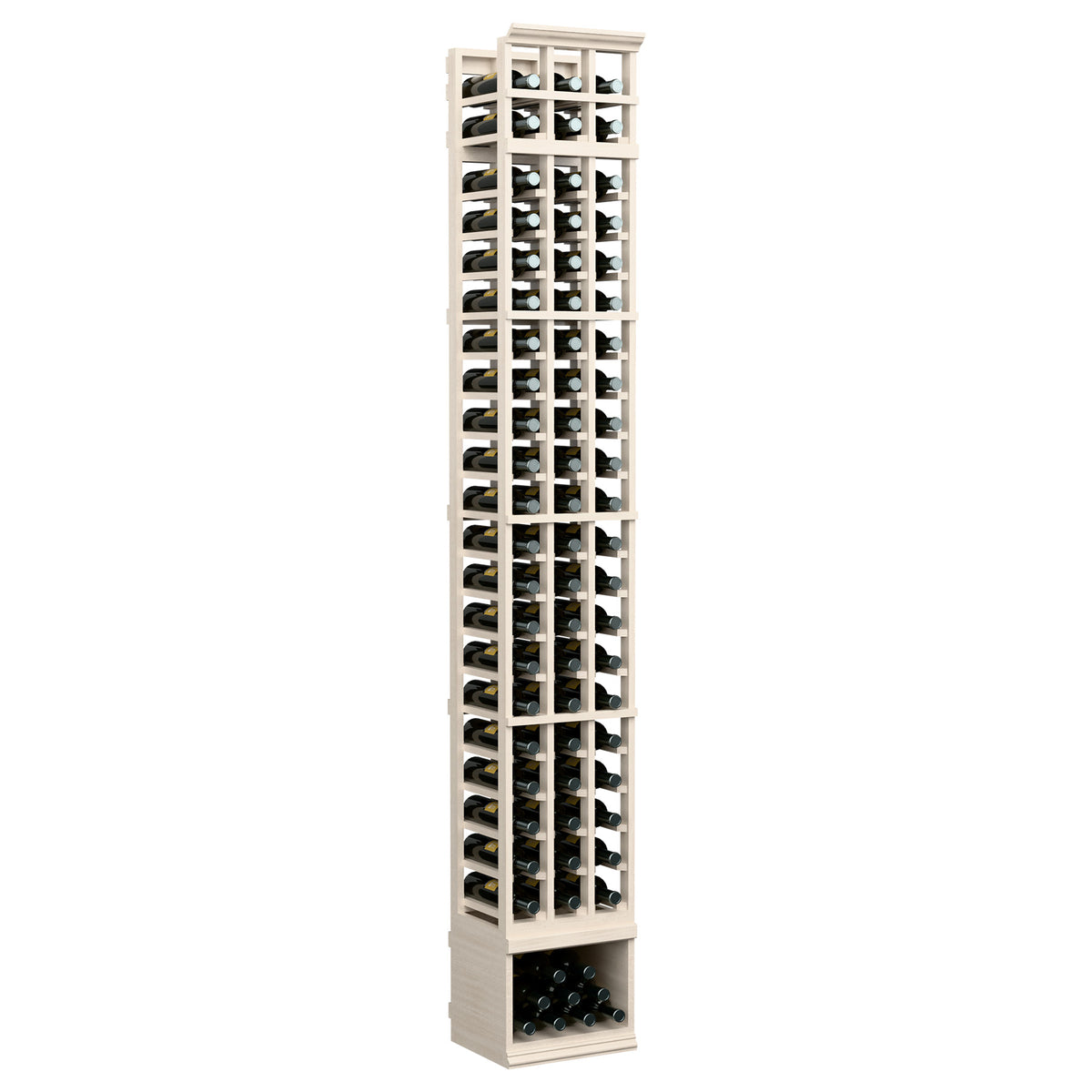 White-finished 3-column 8-ft wine bottle rack, front view with bottle holders and cabinet