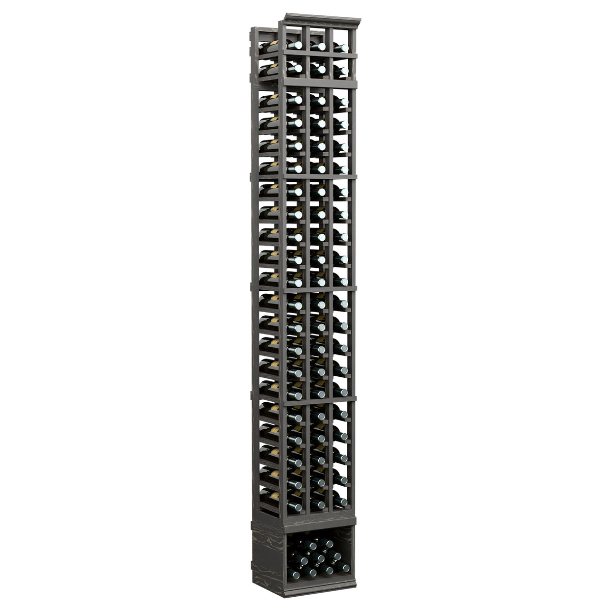 8-ft 3-column wine bottle rack with dark frame and glass-front bottle cells