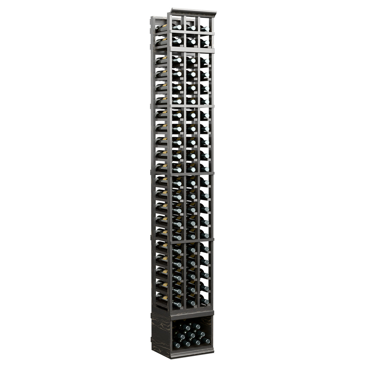 8-ft 3-column wine bottle rack with dark frame and front bottle grid display