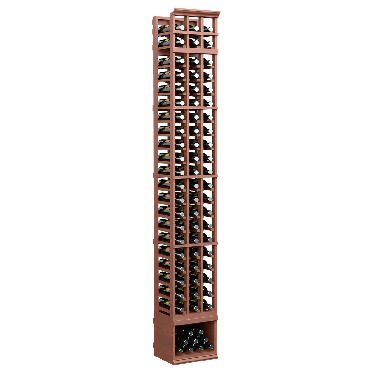 8-ft 3-column wine bottle rack with warm brown wood frame and bottle grid
