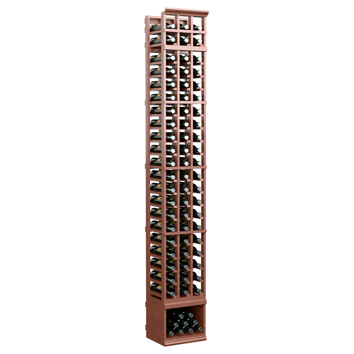 8-ft 3-column wine bottle rack with warm brown wood frame and front bottle compartments