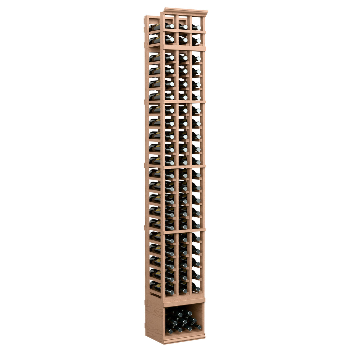8-ft 3-column wine bottle rack with light wood frame and front bottle grid