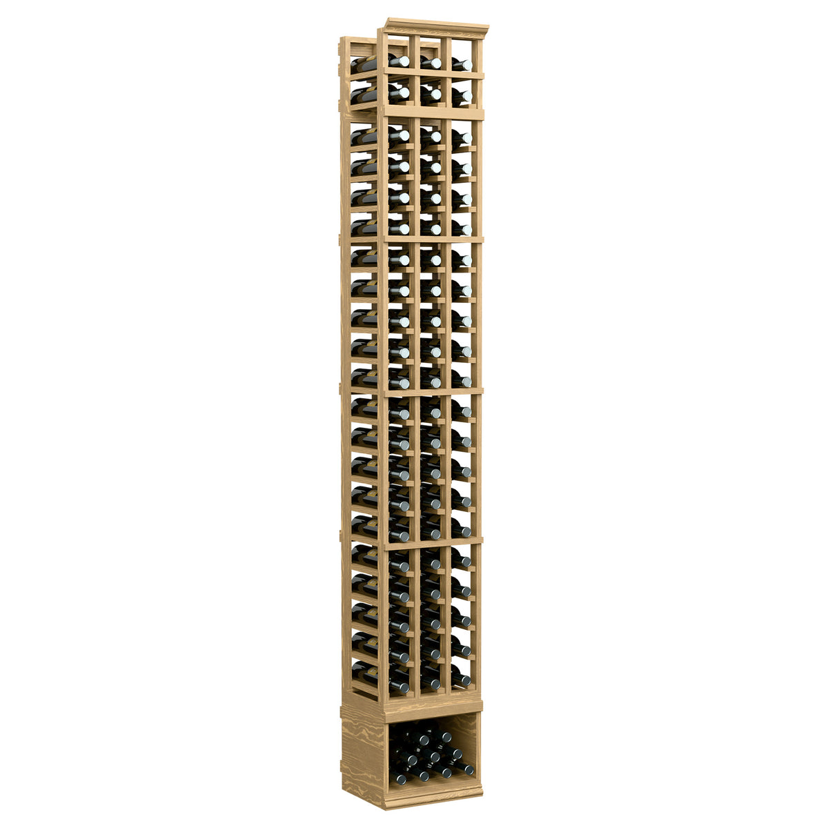 8-ft 3-column wine bottle rack with pale wood frame and bottle grid display