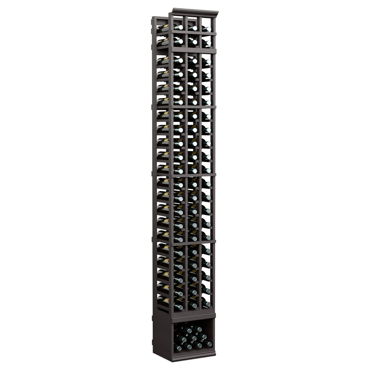 8-ft 3-column wine bottle rack with black frame and glass-front bottle cells