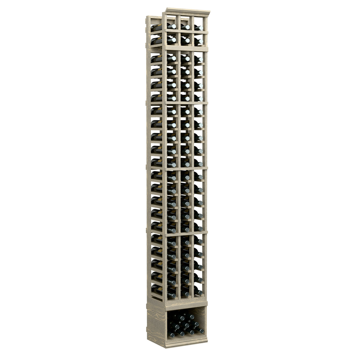 Three-column 8 ft wooden wine bottle rack, whitewashed finish, square bottle slots