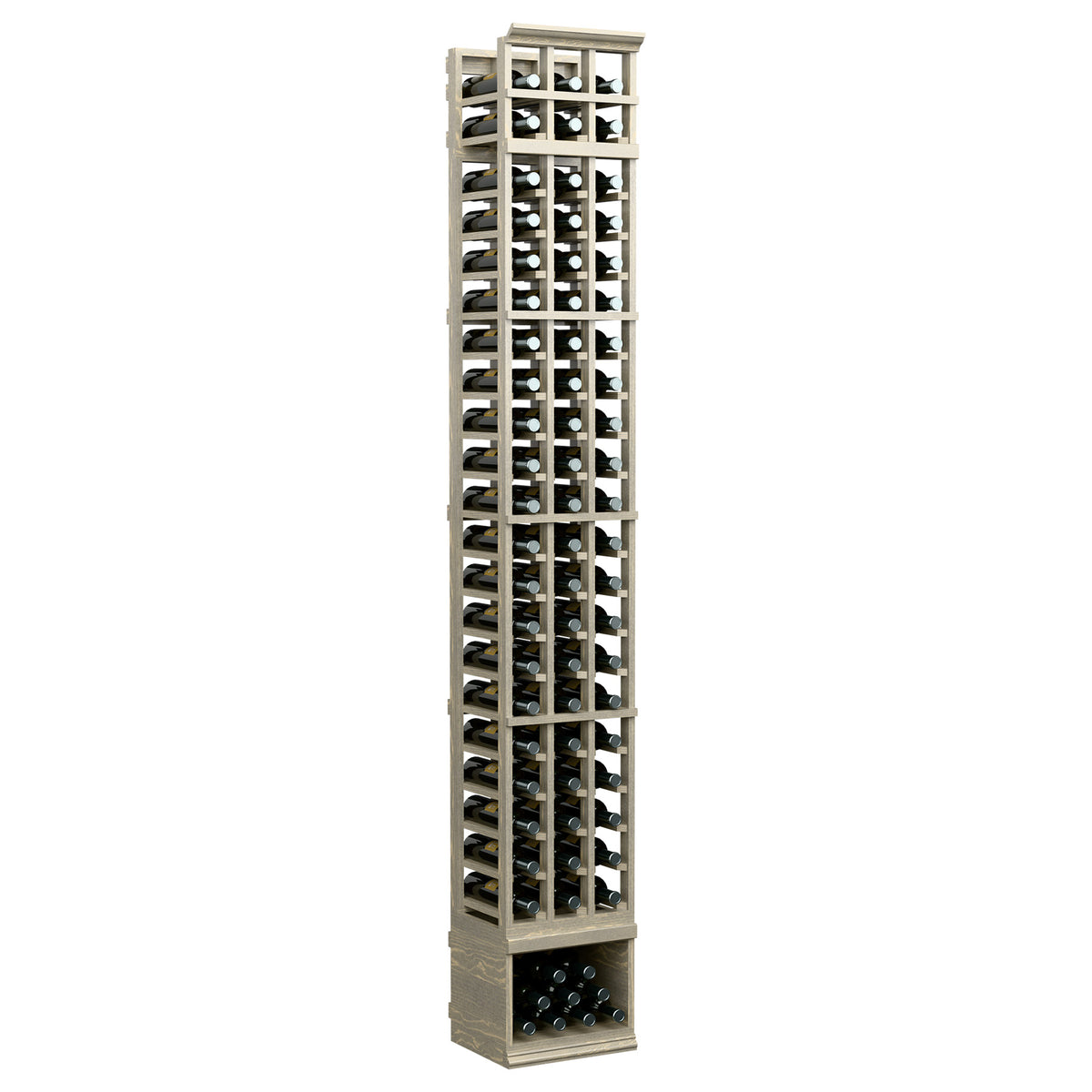 Three-column 8 ft wooden wine bottle rack, natural light finish, square bottle slots