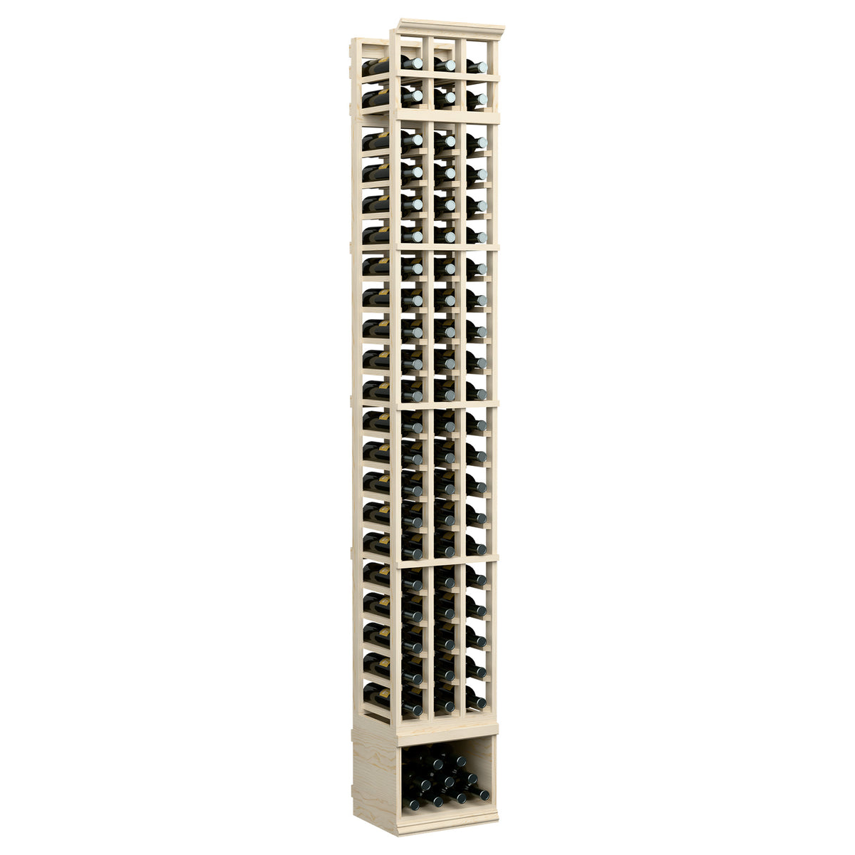 Three-column 8 ft wooden wine bottle rack, pale natural finish, square bottle slots