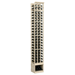 Three-column 8 ft wooden wine bottle rack, pale natural finish, square bottle slots