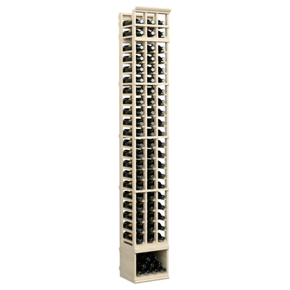 Three-column 8 ft wooden wine bottle rack, pale natural finish, square bottle slots